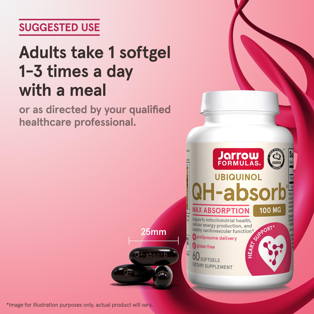 Jarrow Formulas QH-Absorb ubiquinol softgels with water for intake