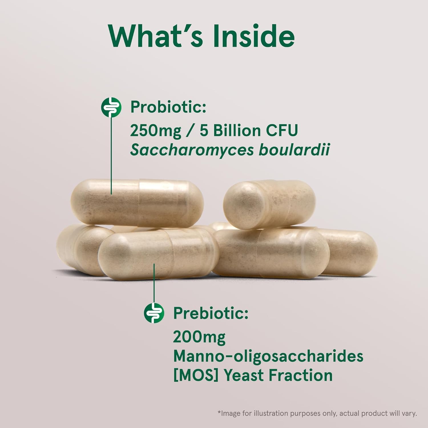 Saccharomyces boulardii + MOS capsules visible with delayed-release design