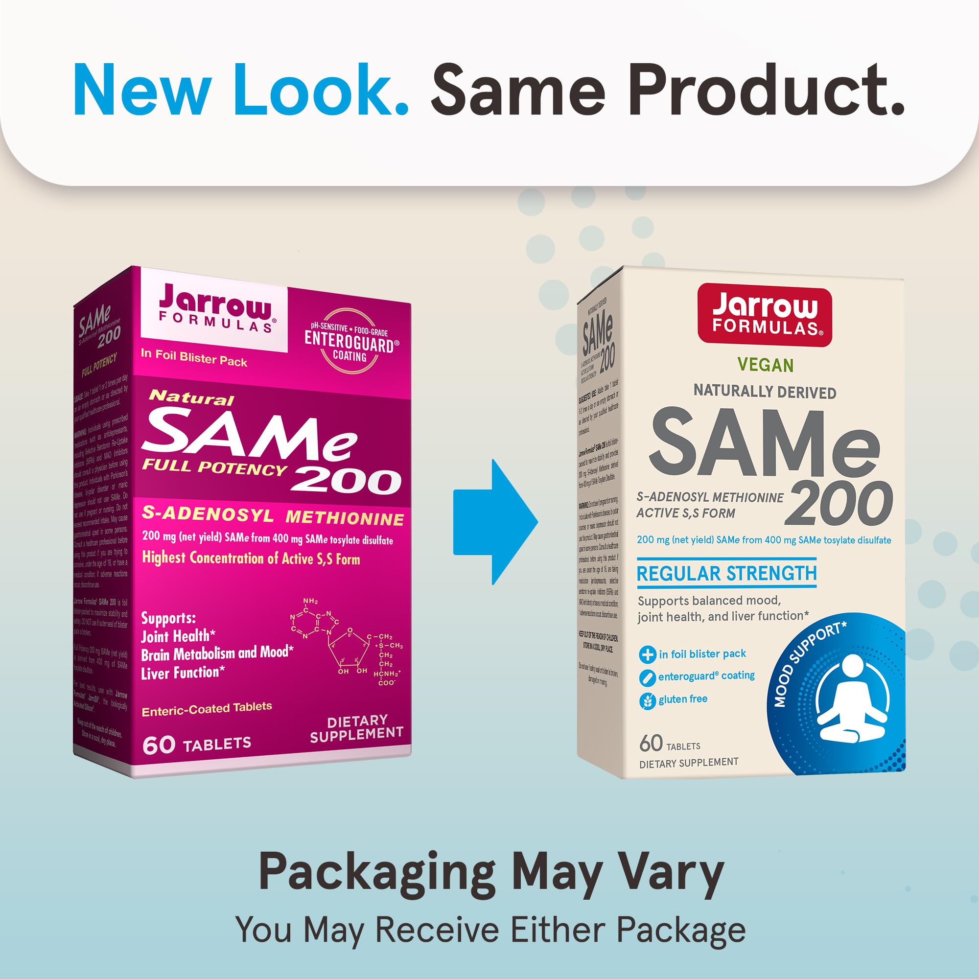 Jarrow Formulas SAMe 200 mg bottle with label highlights enteric coating for stability