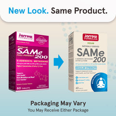 Jarrow Formulas SAMe 200 mg bottle with label highlights enteric coating for stability