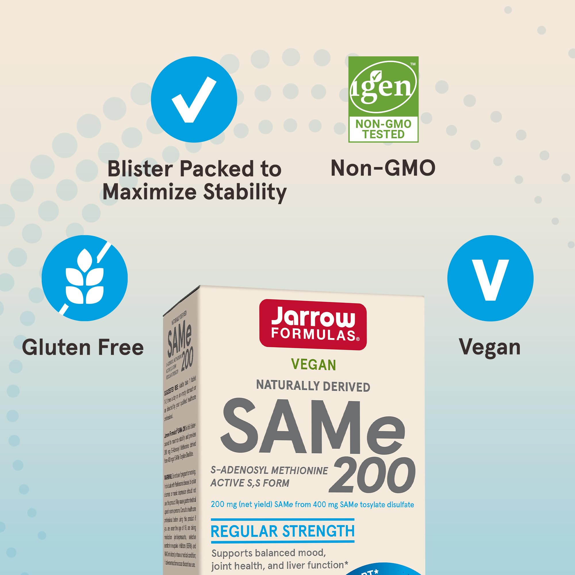 Jarrow Formulas SAMe 200 mg ingredients list close-up emphasizes quality formulation