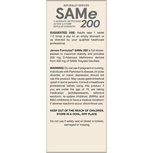 Jarrow Formulas SAMe 200 mg storage guidance shows heat and sun caution