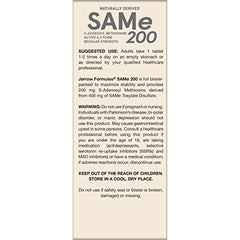 Jarrow Formulas SAMe 200 mg storage guidance shows heat and sun caution