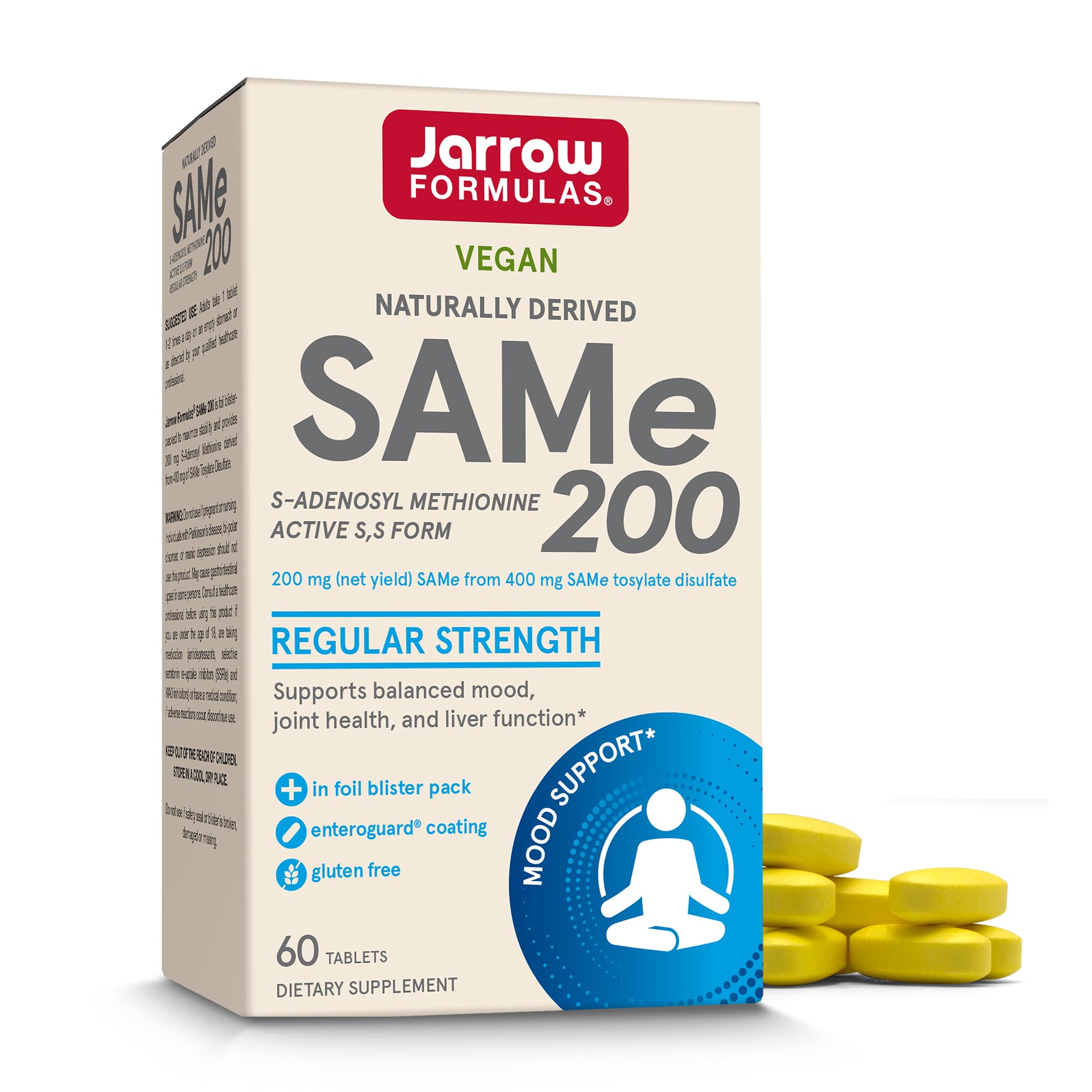 Jarrow Formulas SAMe 200 mg tablets front view; supports mood and liver health