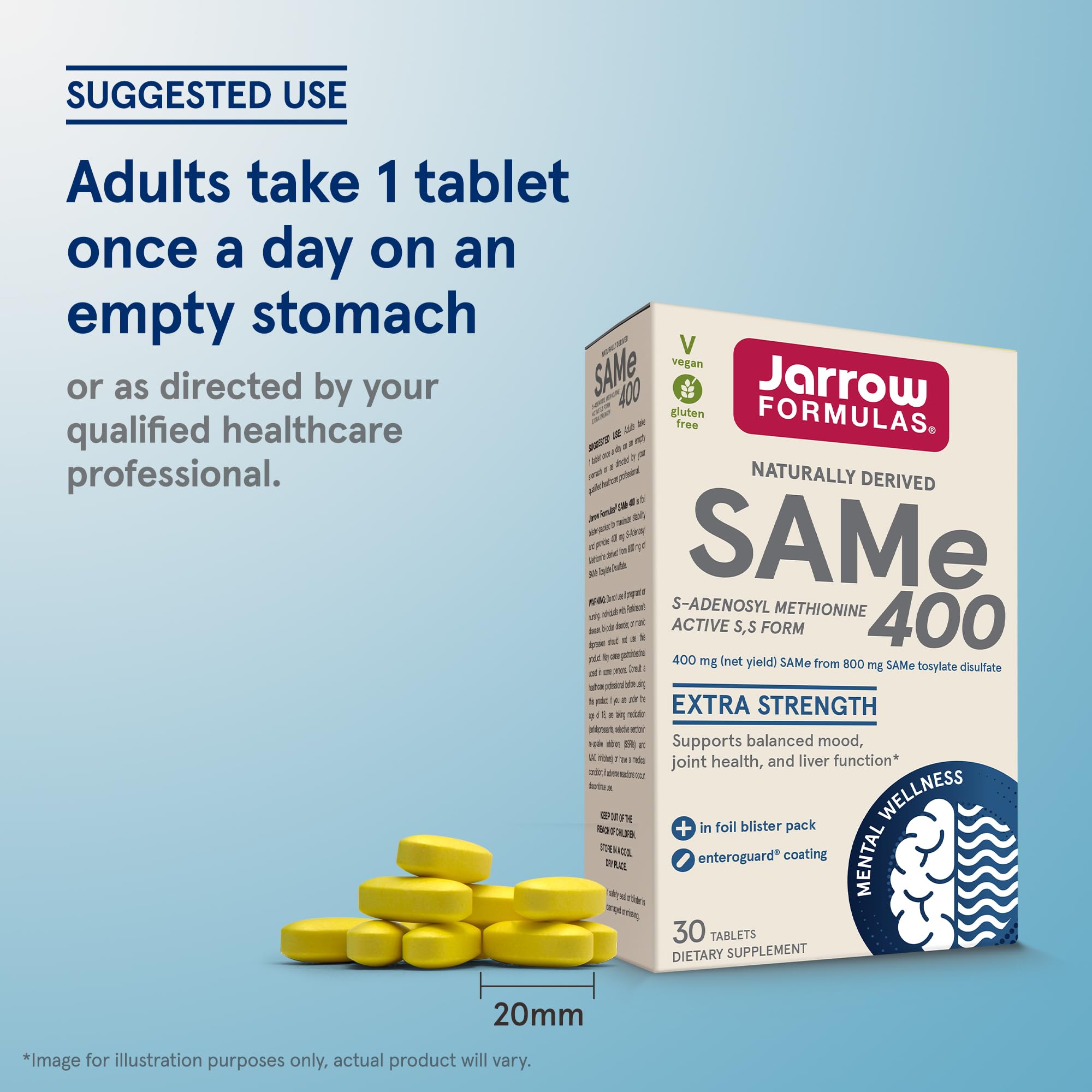 Jarrow Formulas SAMe 400 mg allergen-free symbol on label.