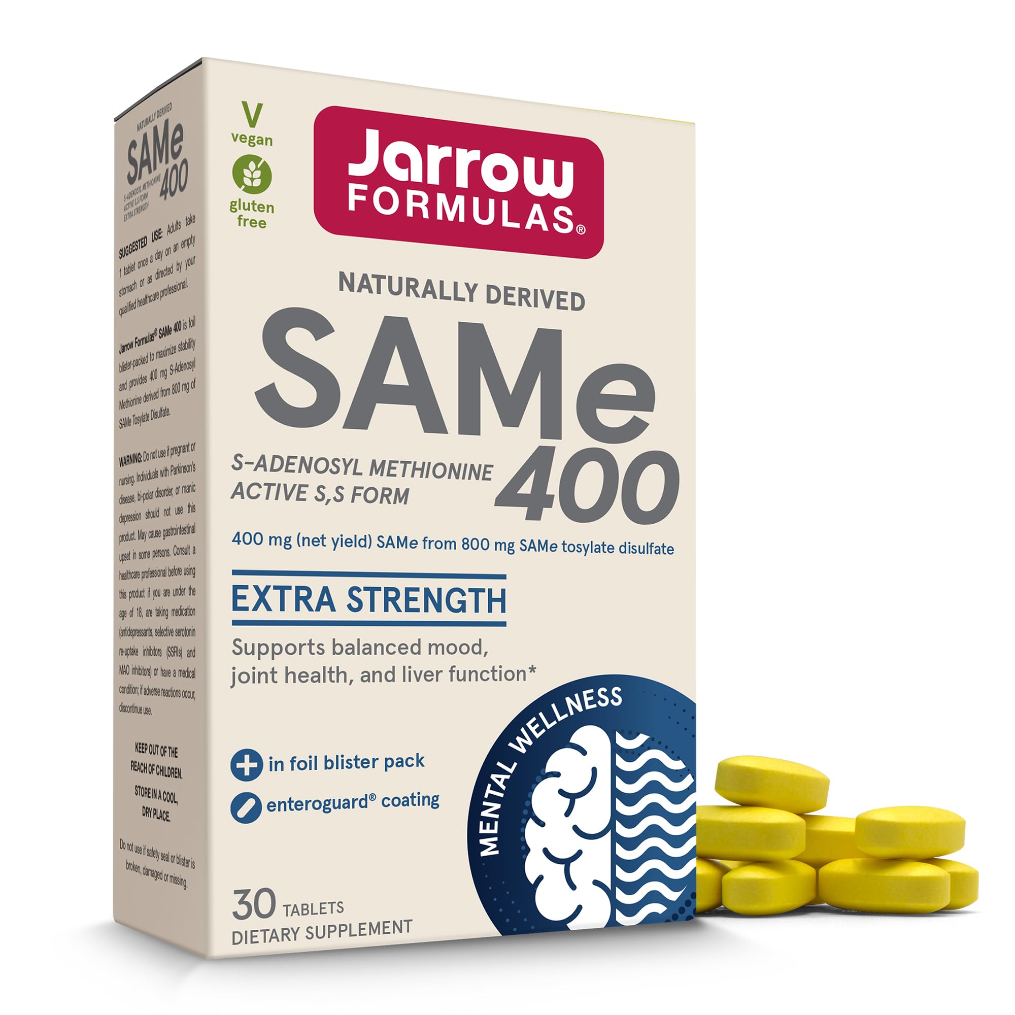 Jarrow Formulas SAMe 400 mg bottle on counter, implying mood and liver support potential.