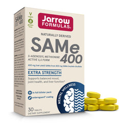 Jarrow Formulas SAMe 400 mg bottle on counter, implying mood and liver support potential.