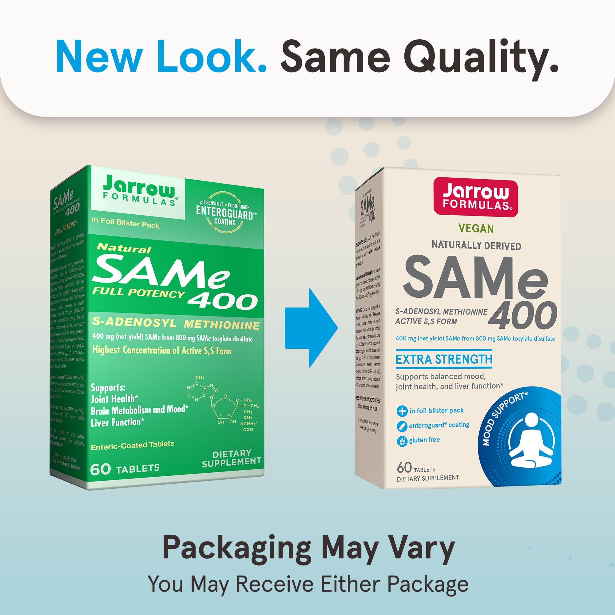 Jarrow Formulas SAMe 400 mg enteric-coated tablets designed for bioactive delivery