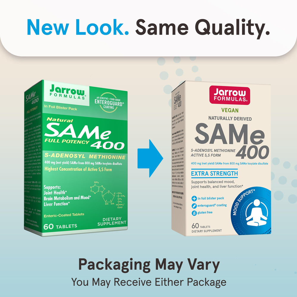Jarrow Formulas SAMe 400 mg enteric-coated tablets designed for bioactive delivery
