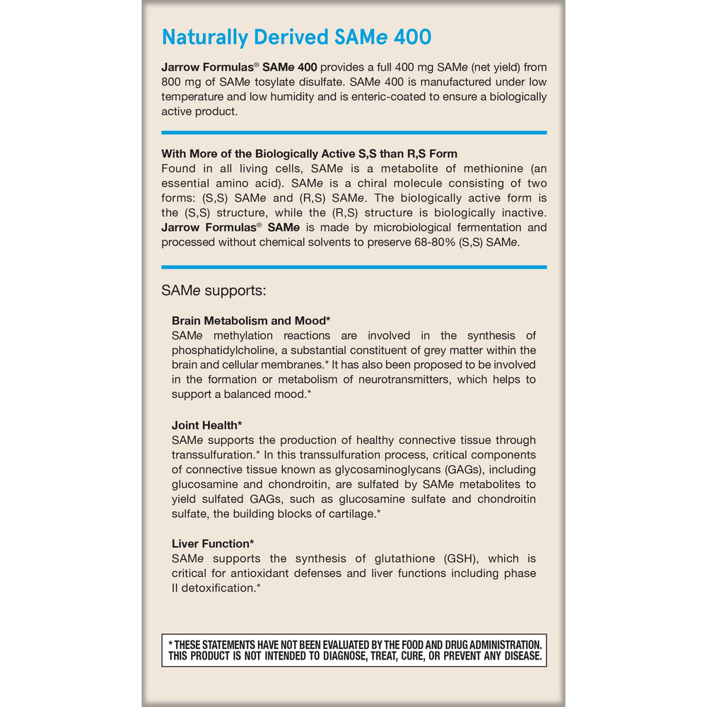 Label note indicating 800 mg tosylate disulfate origin for 400 mg SAMe.