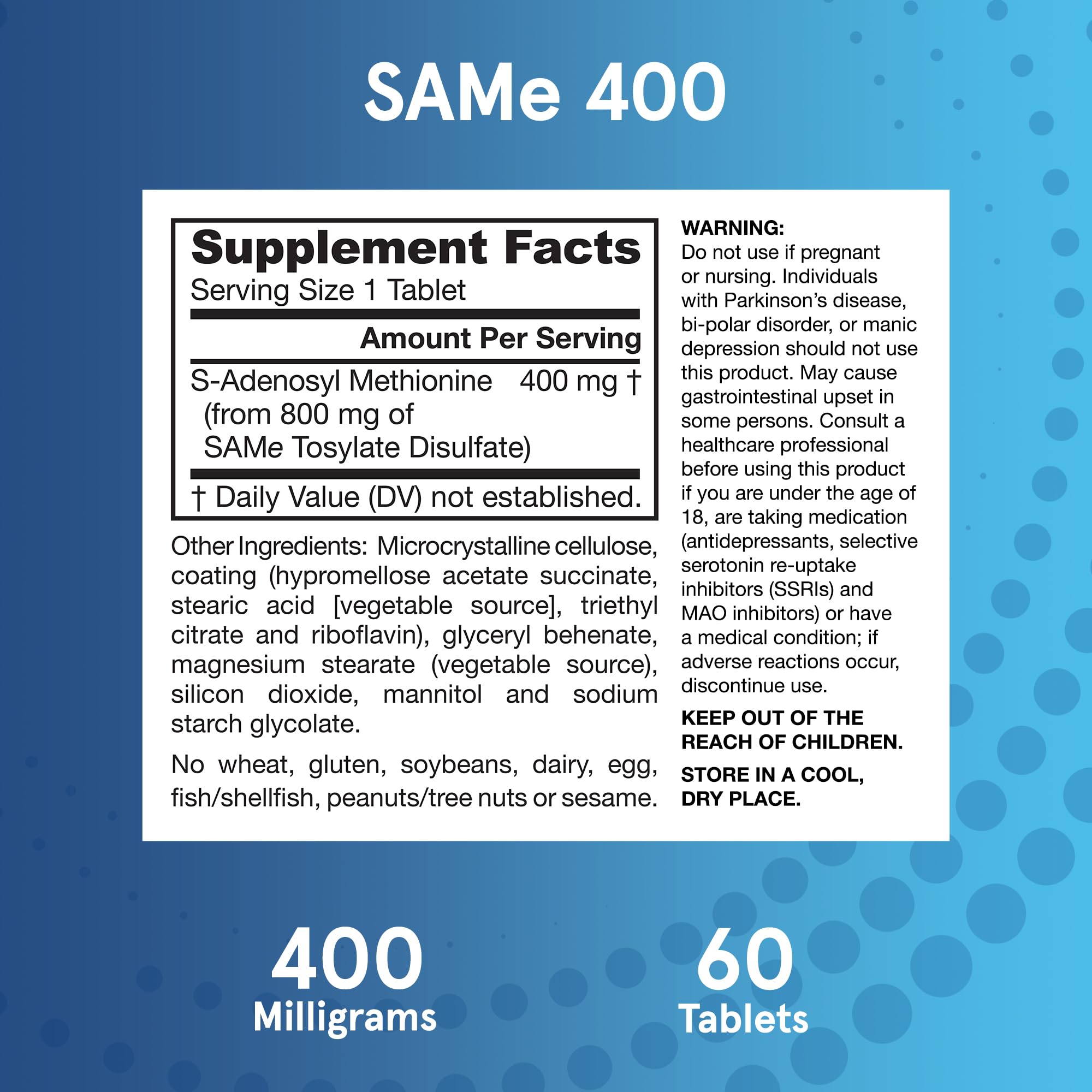 Jarrow Formulas SAMe 400 mg tablets next to foil pack