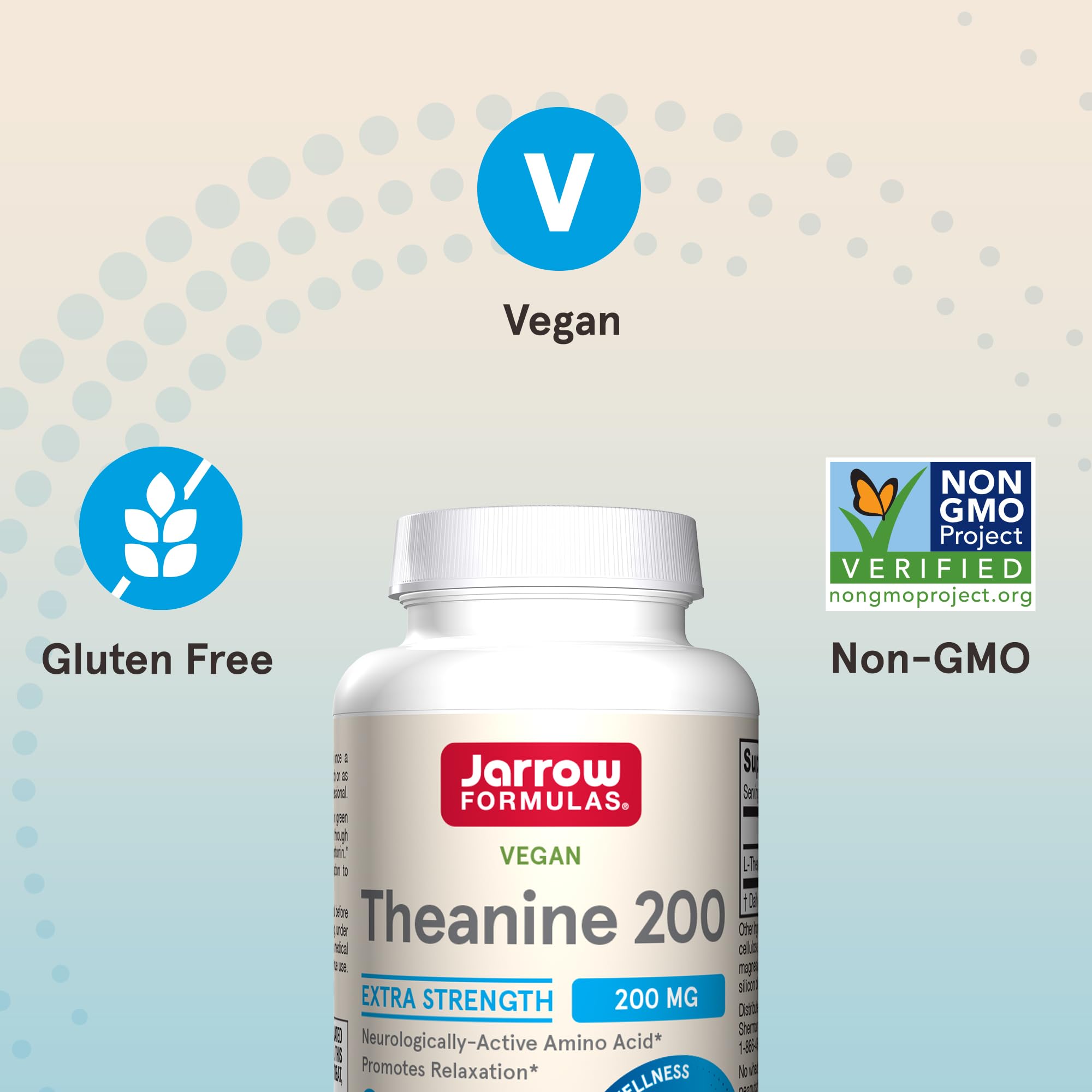 Non-GMO and gluten-free symbols on Jarrow Theanine 200mg packaging