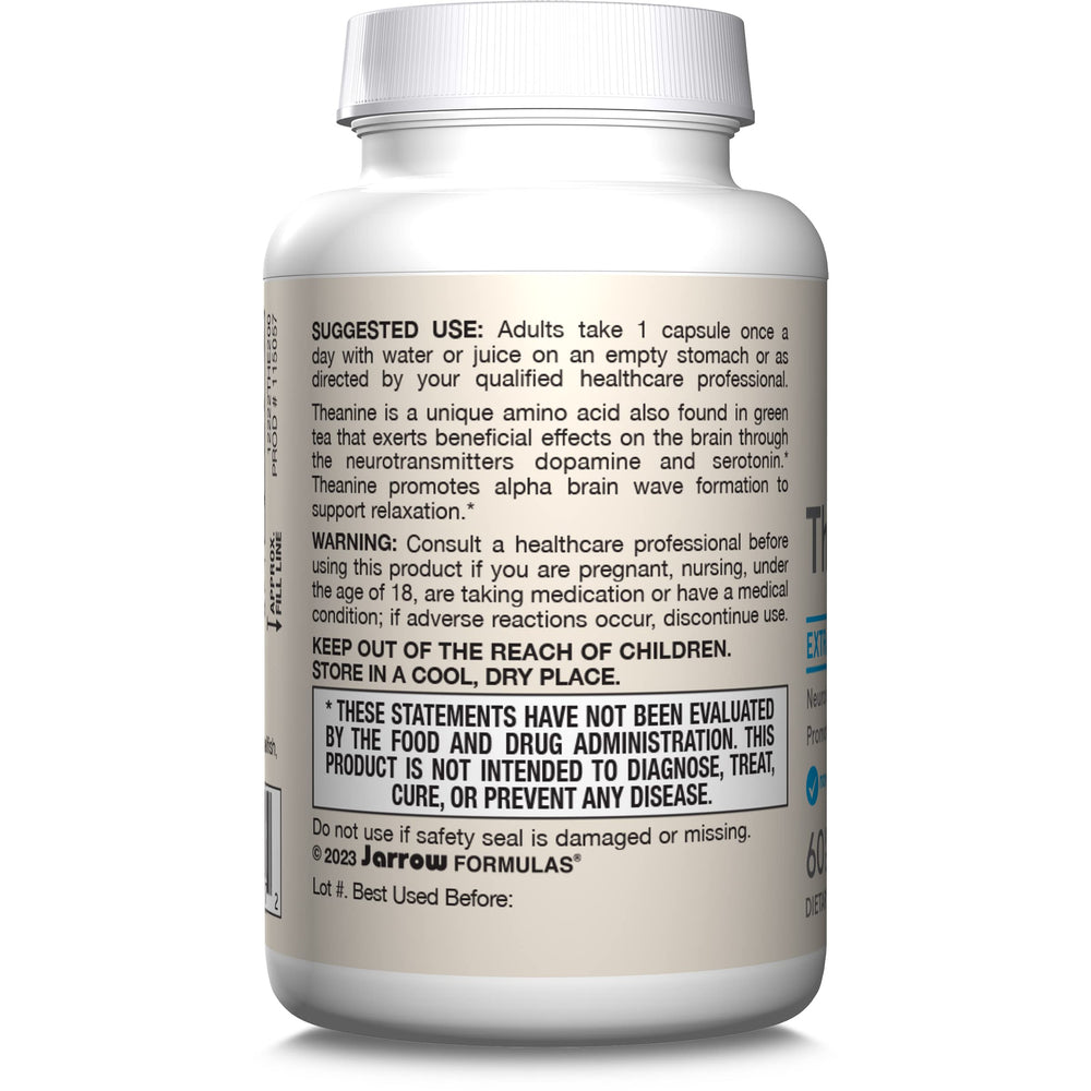 Jarrow Theanine 200mg capsules stacked for study or work sessions