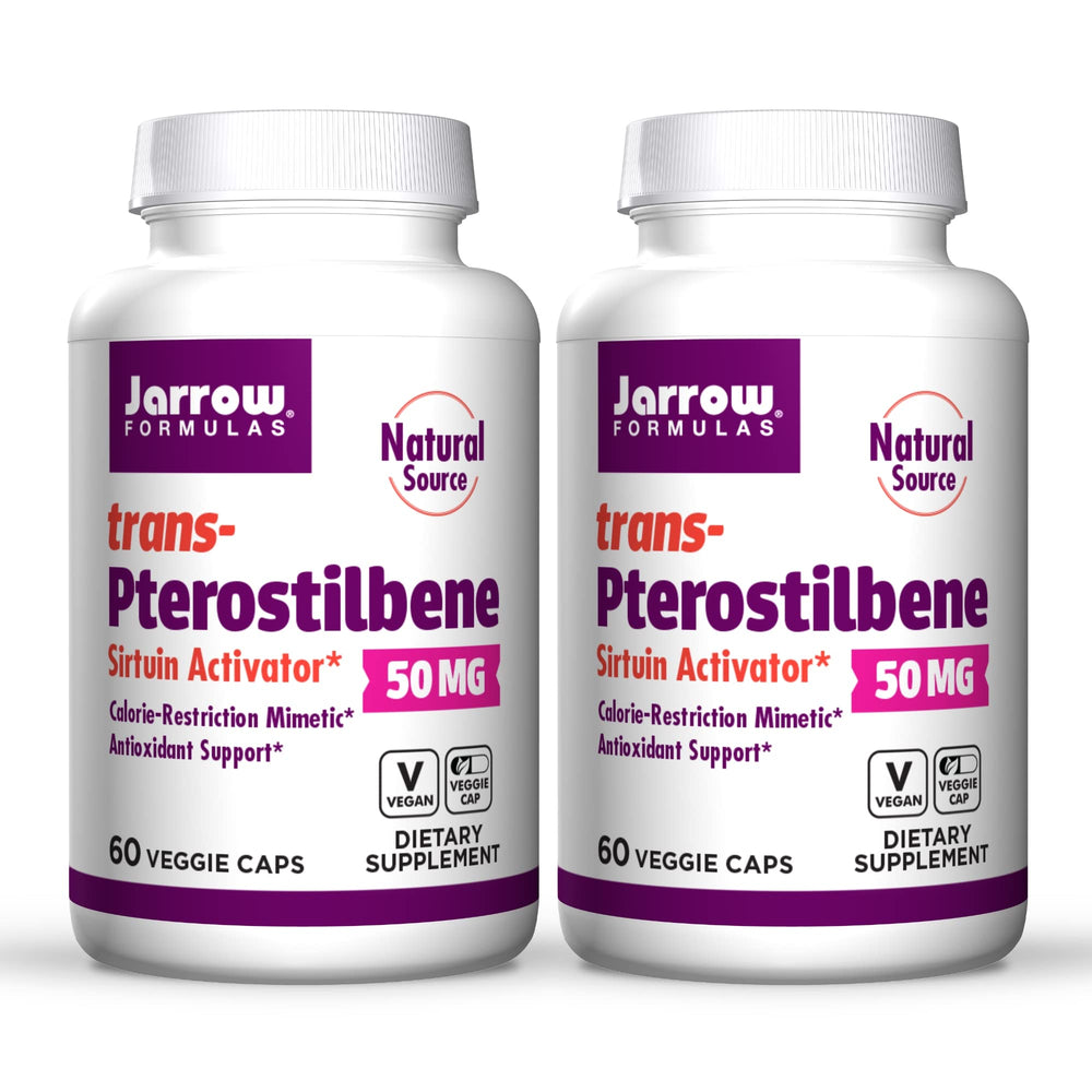 Jarrow Formulas trans-Pterostilbene bottle front view for daily wellness support.
