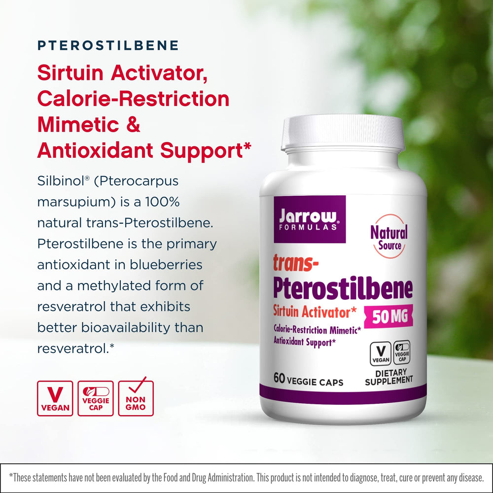 Jarrow Formulas trans-Pterostilbene capsules close-up showing vegetarian capsules.