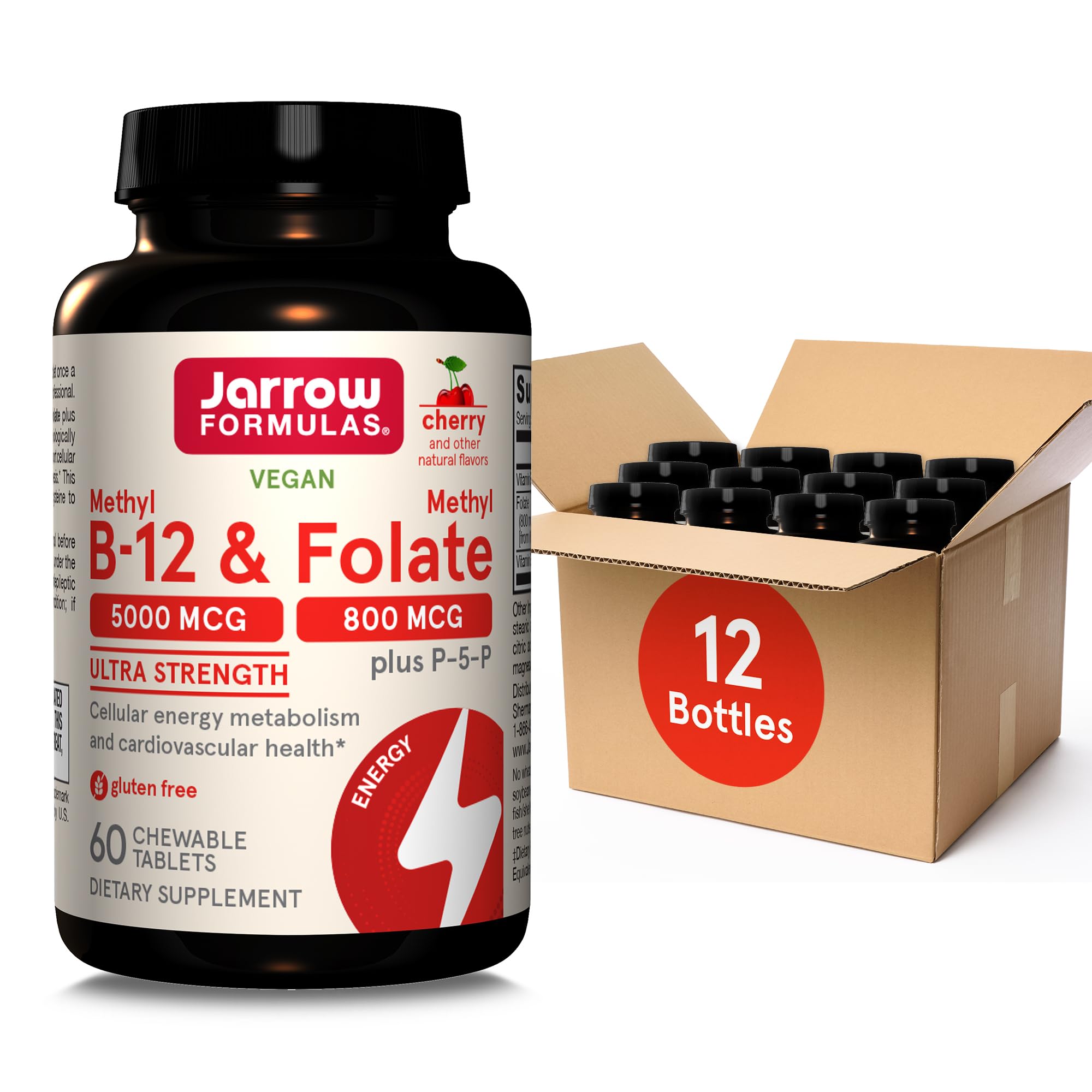 Jarrow Formulas Ultra Strength methyl B-12 chews on 60-count bottle front label for easy dosing