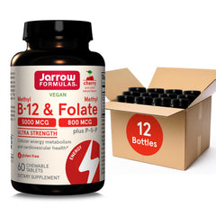 Jarrow Formulas Ultra Strength methyl B-12 chews on 60-count bottle front label for easy dosing