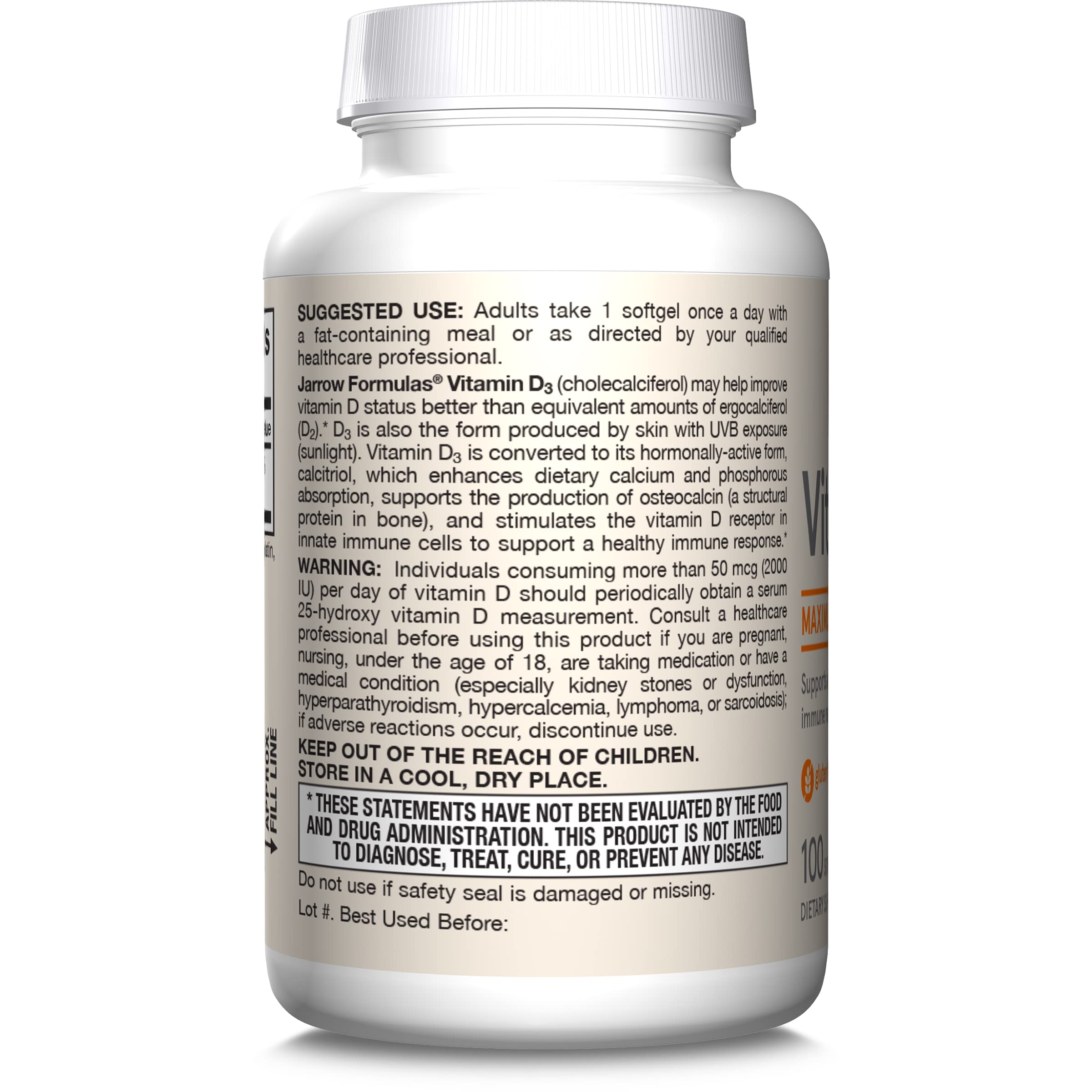 Allergen-free icon on packaging indicating wheat and gluten-free Vitamin D3.