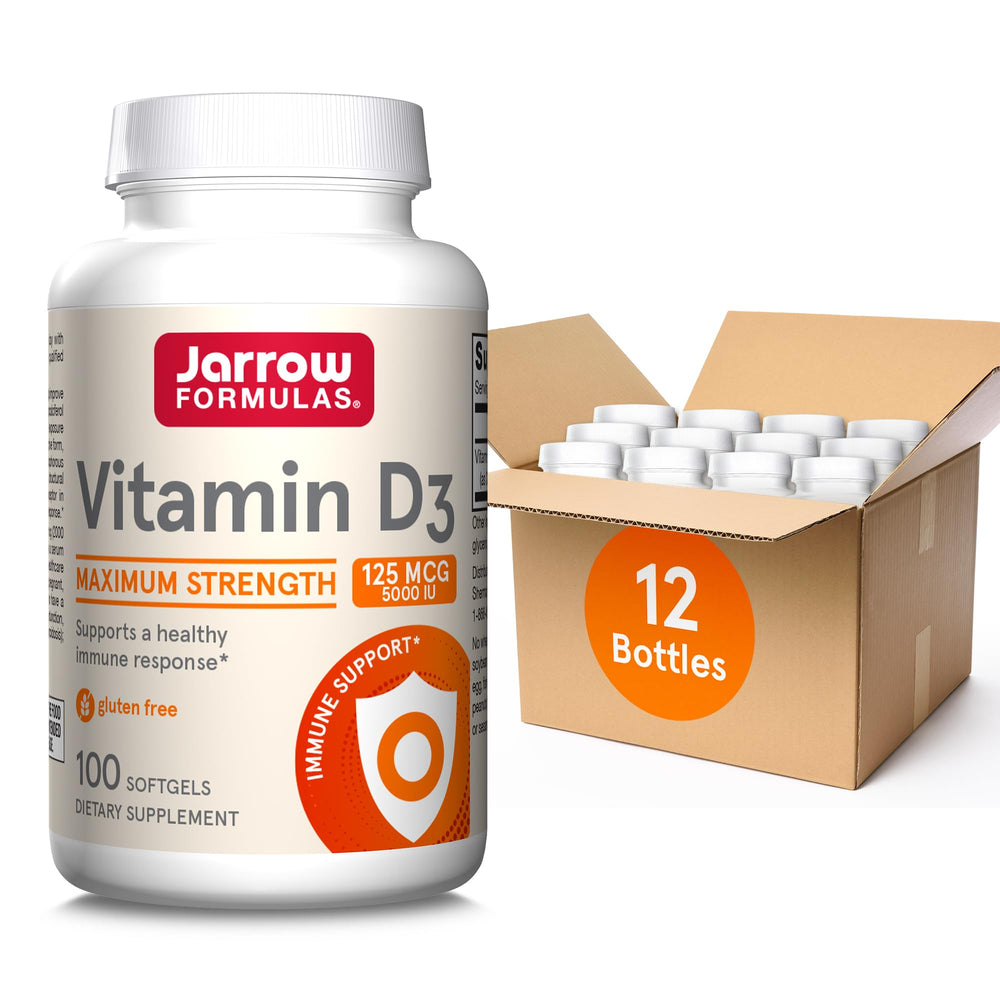 Jarrow Formulas Vitamin D3 softgel bottle prepared for daily immune support.