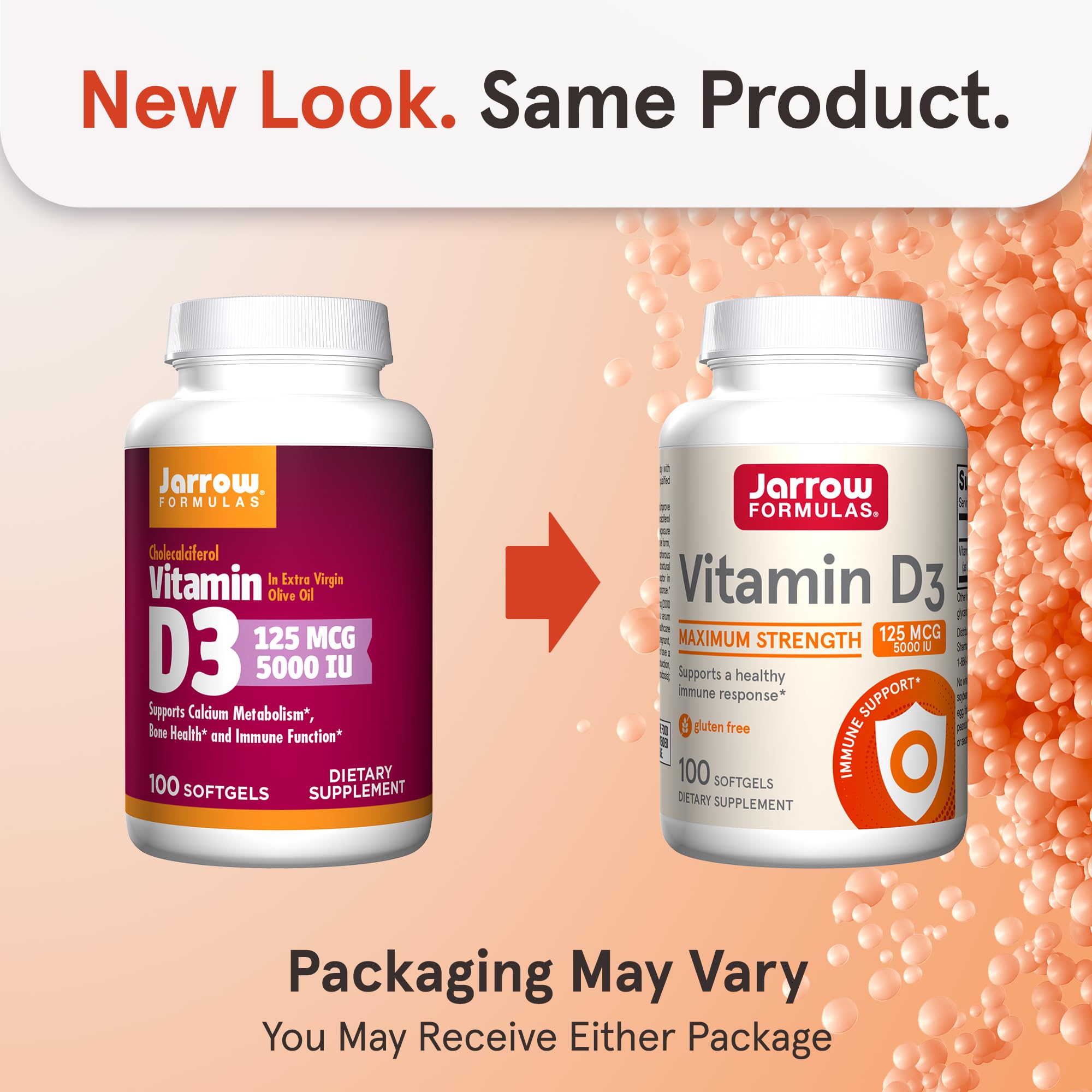 Close-up of Jarrow Formulas Vitamin D3 softgels highlighting convenient daily dosage.