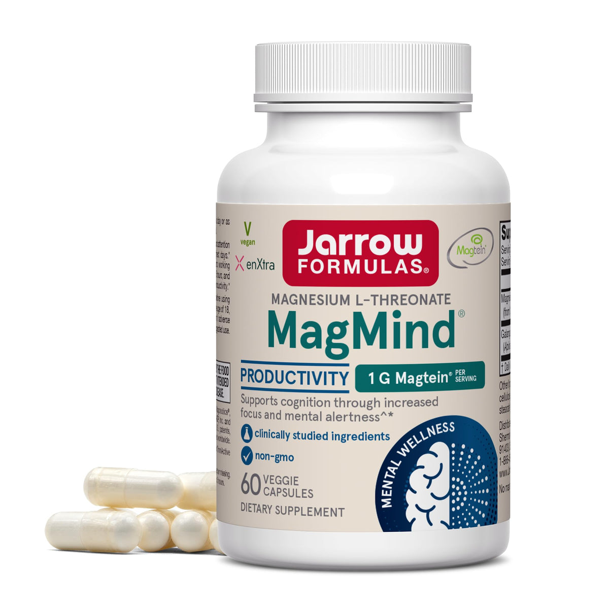 Jarrow MagMind Productivity bottle front showing high-absorption Magtein for cognitive support.