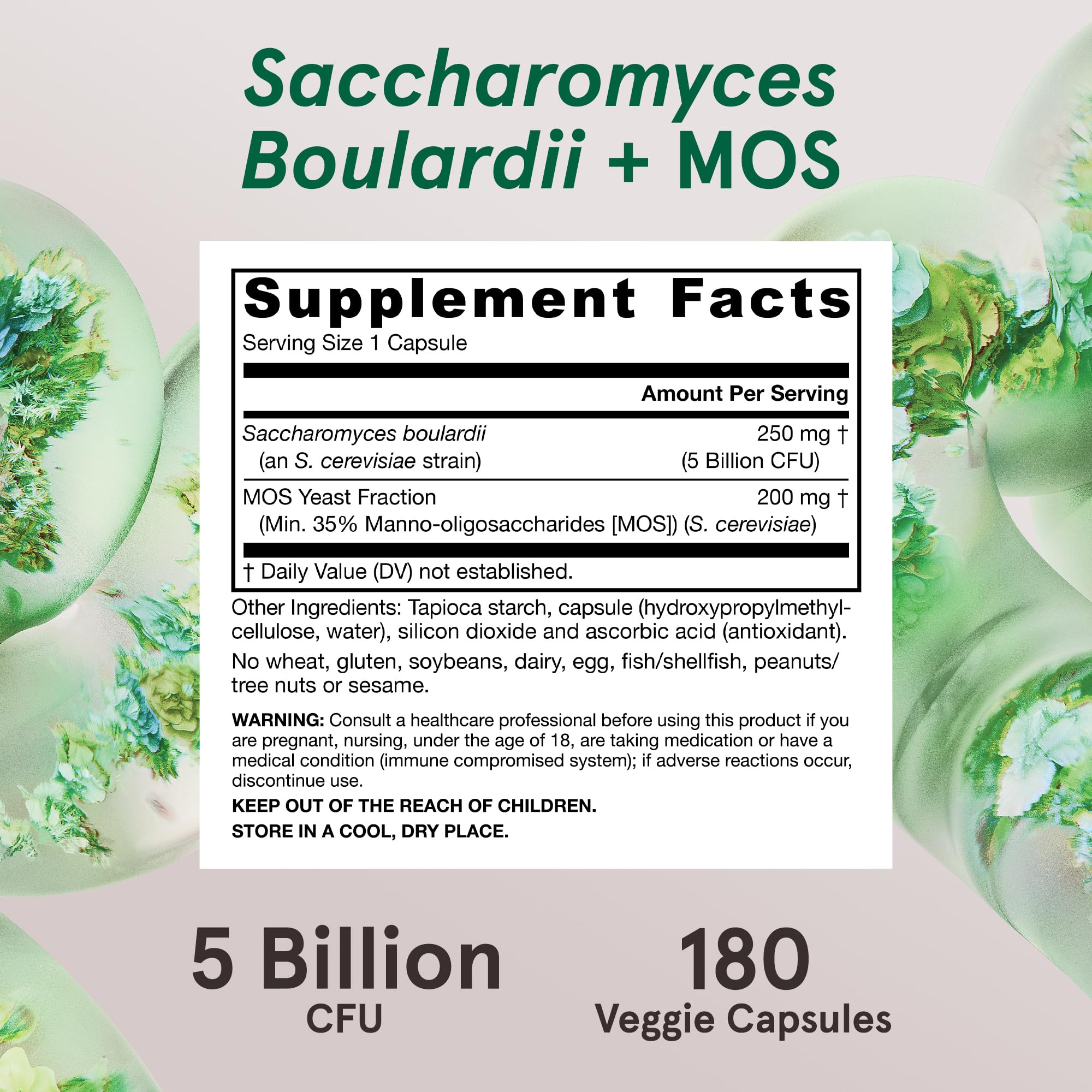 Jarrow Saccharomyces boulardii MOS prebiotic illustration depicts support for gut microflora.