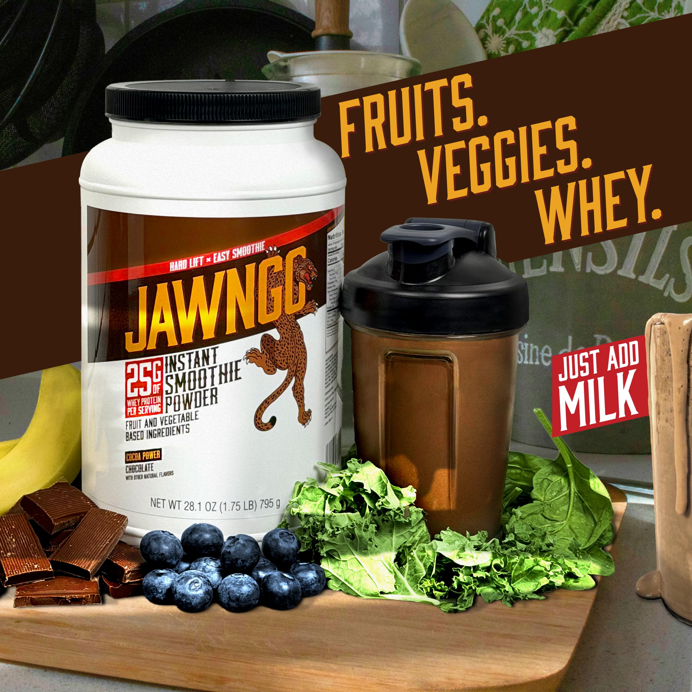 Jawngo Smoothie ingredients with blueberry and kale highlight natural flavor and nutrients