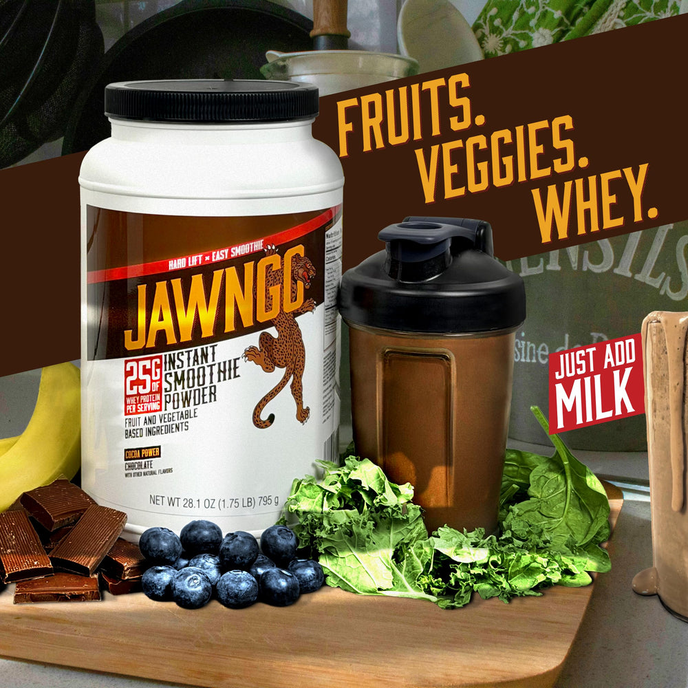 Jawngo Smoothie ingredients with blueberry and kale highlight natural flavor and nutrients