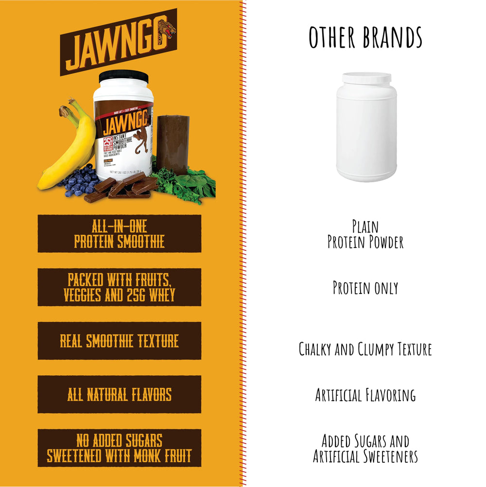 Serving tall glass of Jawngo Smoothie demonstrates quick, satisfying nutrition anytime