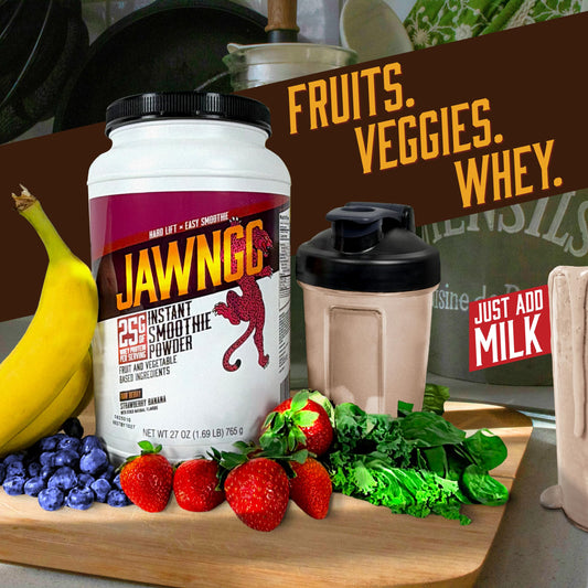 Jawngo scoop pours strawberry protein powder into a glass for easy, creamy shakes.