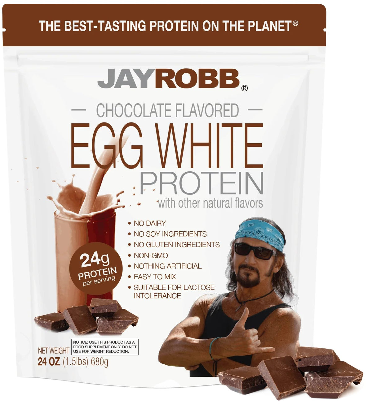 JAYROBB Chocolate Egg White Protein bag front highlights 24 g protein per serving.