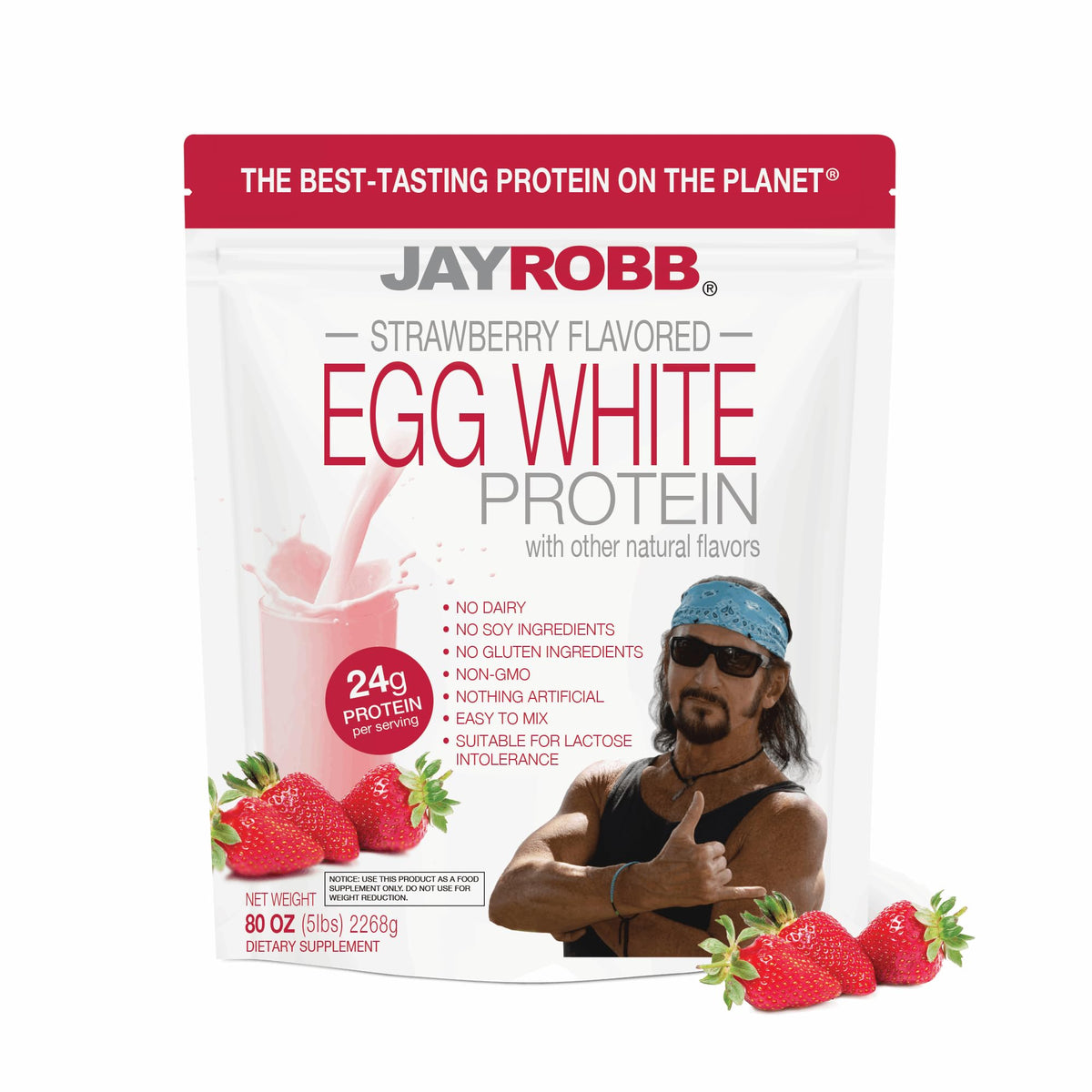 Jay Robb Strawberry Egg White Protein 80oz bag for lean protein and post-workout recovery
