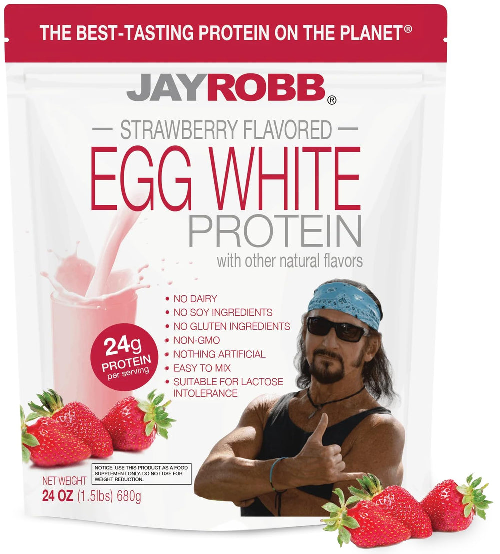 Jay Robb Strawberry Egg White Protein powder jar with premium formula.