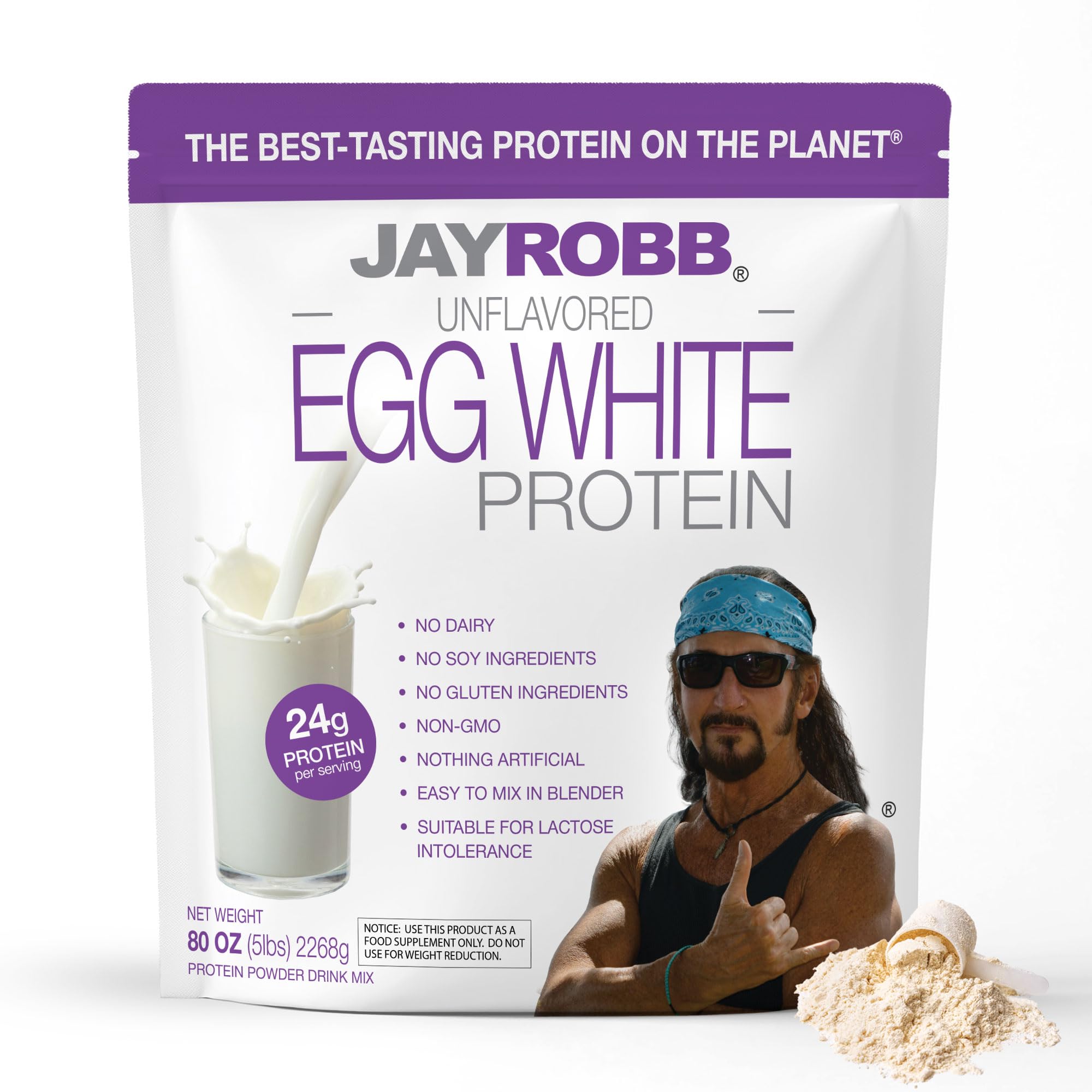 JAYROBB unflavored egg white protein front bag for shakes and recipes with 24g protein per serving