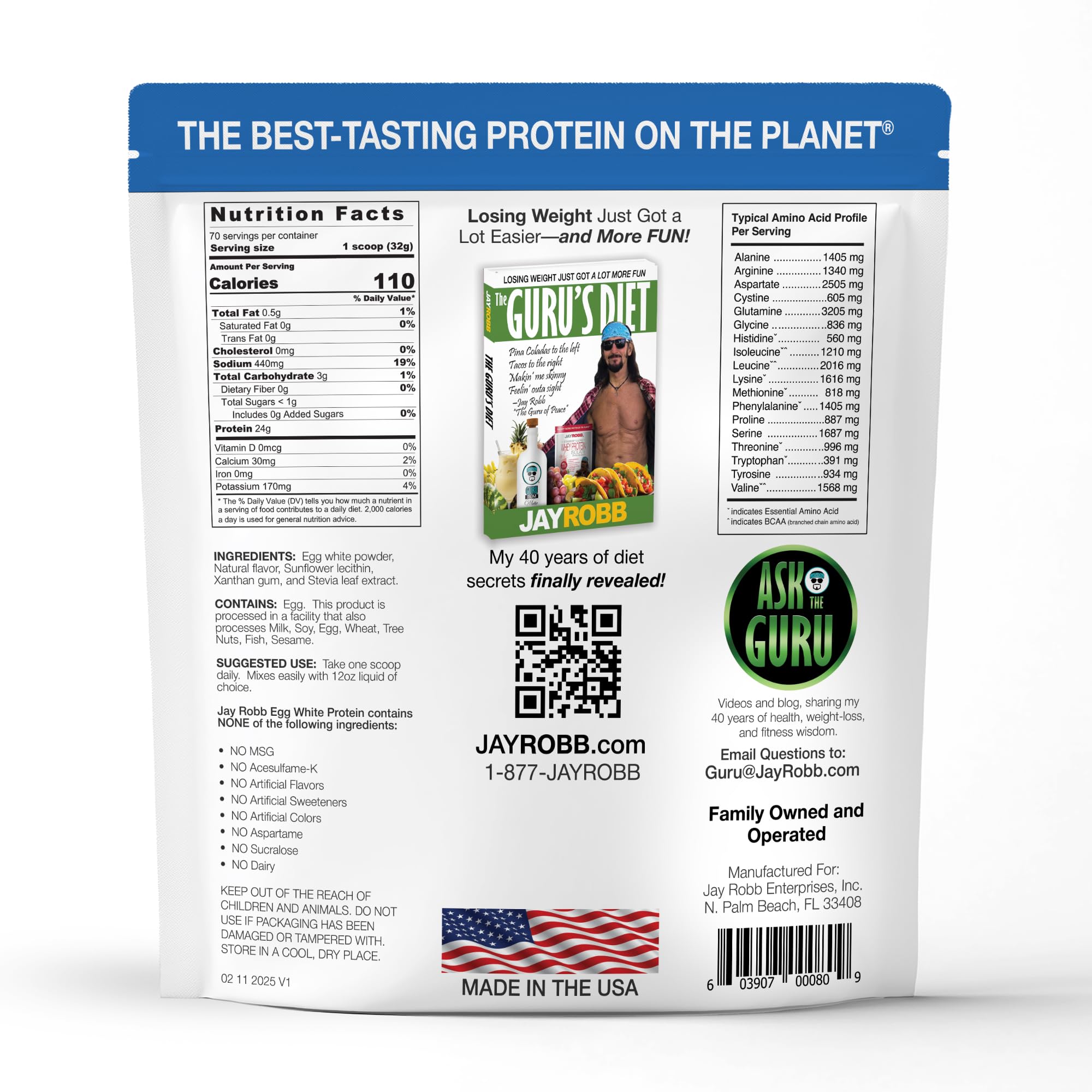 JAYROBB Vanilla Egg White Protein bag back shows lactose-free, artificial-free attributes.