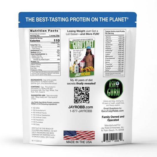 JAYROBB Vanilla Egg White Protein bag back shows lactose-free, artificial-free attributes.