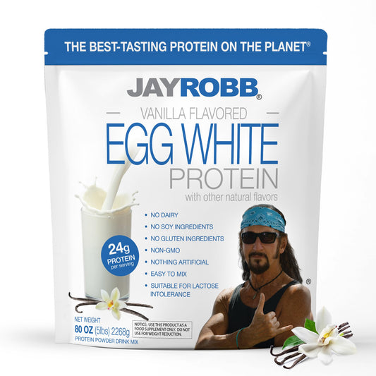 JAYROBB Vanilla Egg White Protein bag front presents a clean protein option for everyday shakes.