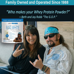 JAYROBB Vanilla Egg White Protein ingredient panel shows no added fats or cholesterol.
