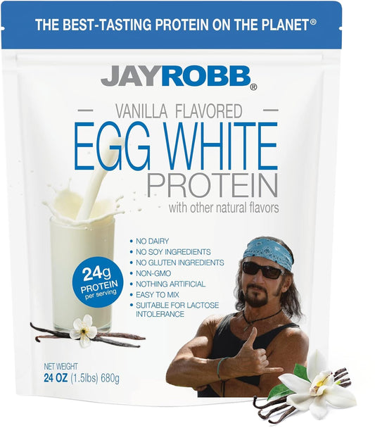 JAYROBB Vanilla Egg White Protein packaging highlighting high protein and clean ingredients
