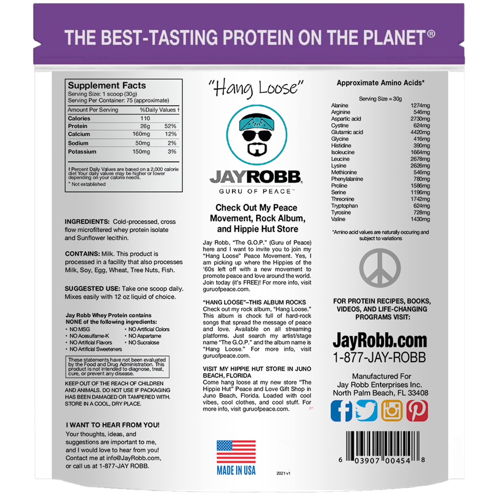 Jay Robb Whey Isolate nutrition label shows 26 g protein per serving.