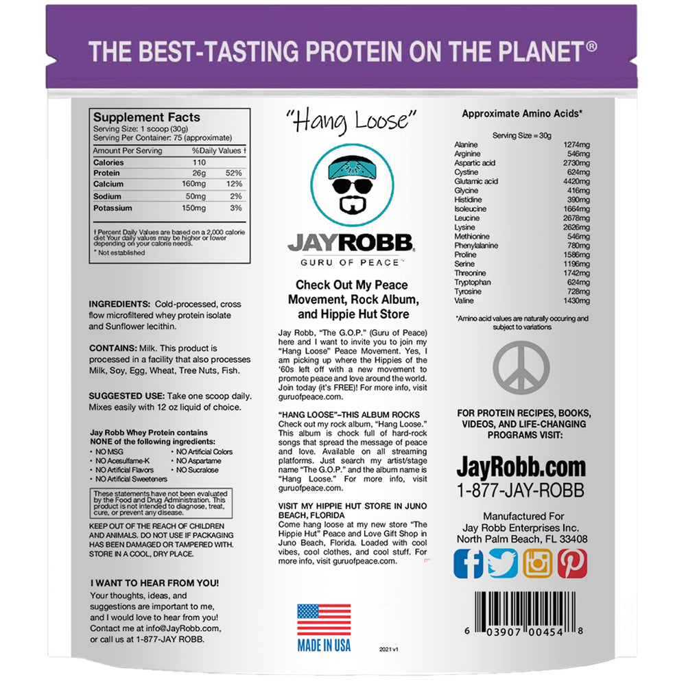 Jay Robb Whey Isolate nutrition label shows 26 g protein per serving.