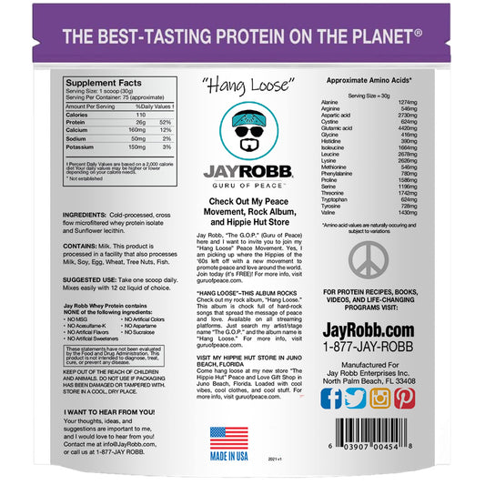 Jay Robb Whey Isolate nutrition label shows 26 g protein per serving.
