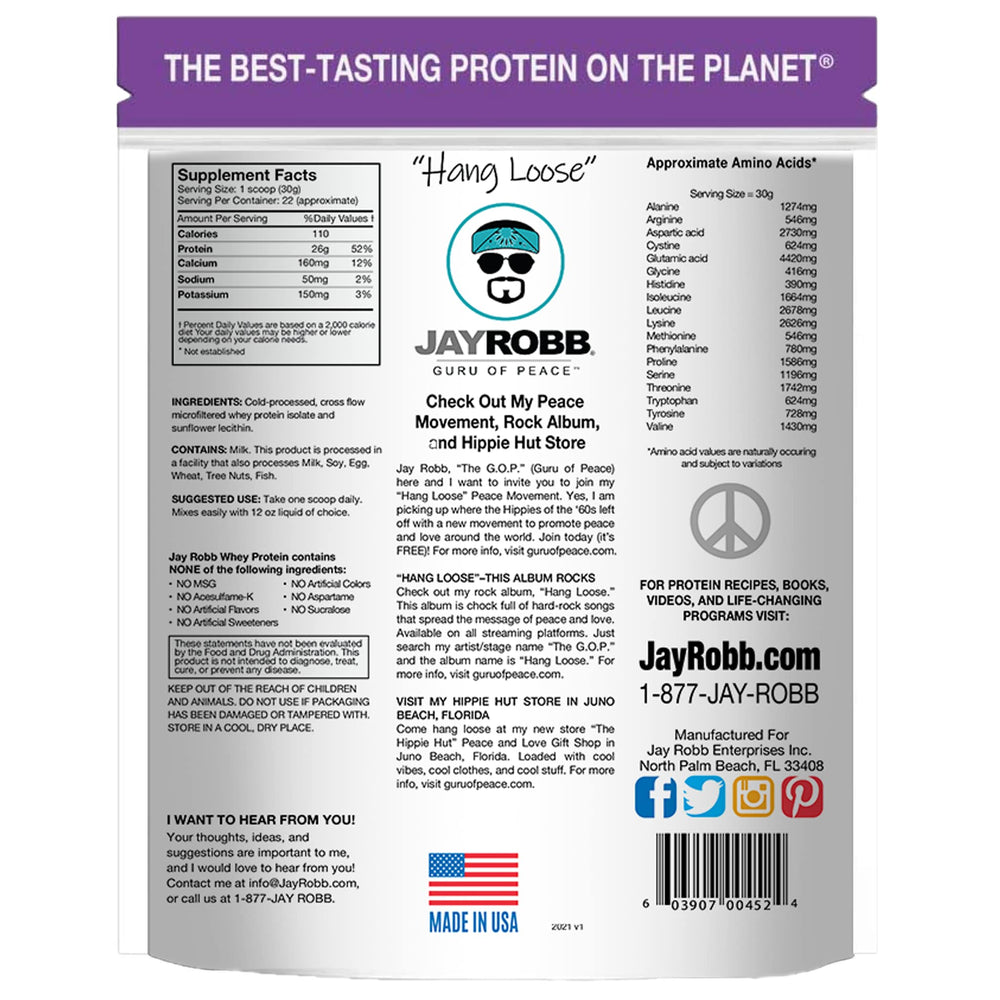 Jay Robb whey isolate nutrition panel highlights low fat and low net carbs.
