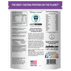 Jay Robb whey isolate nutrition panel highlights low fat and low net carbs.