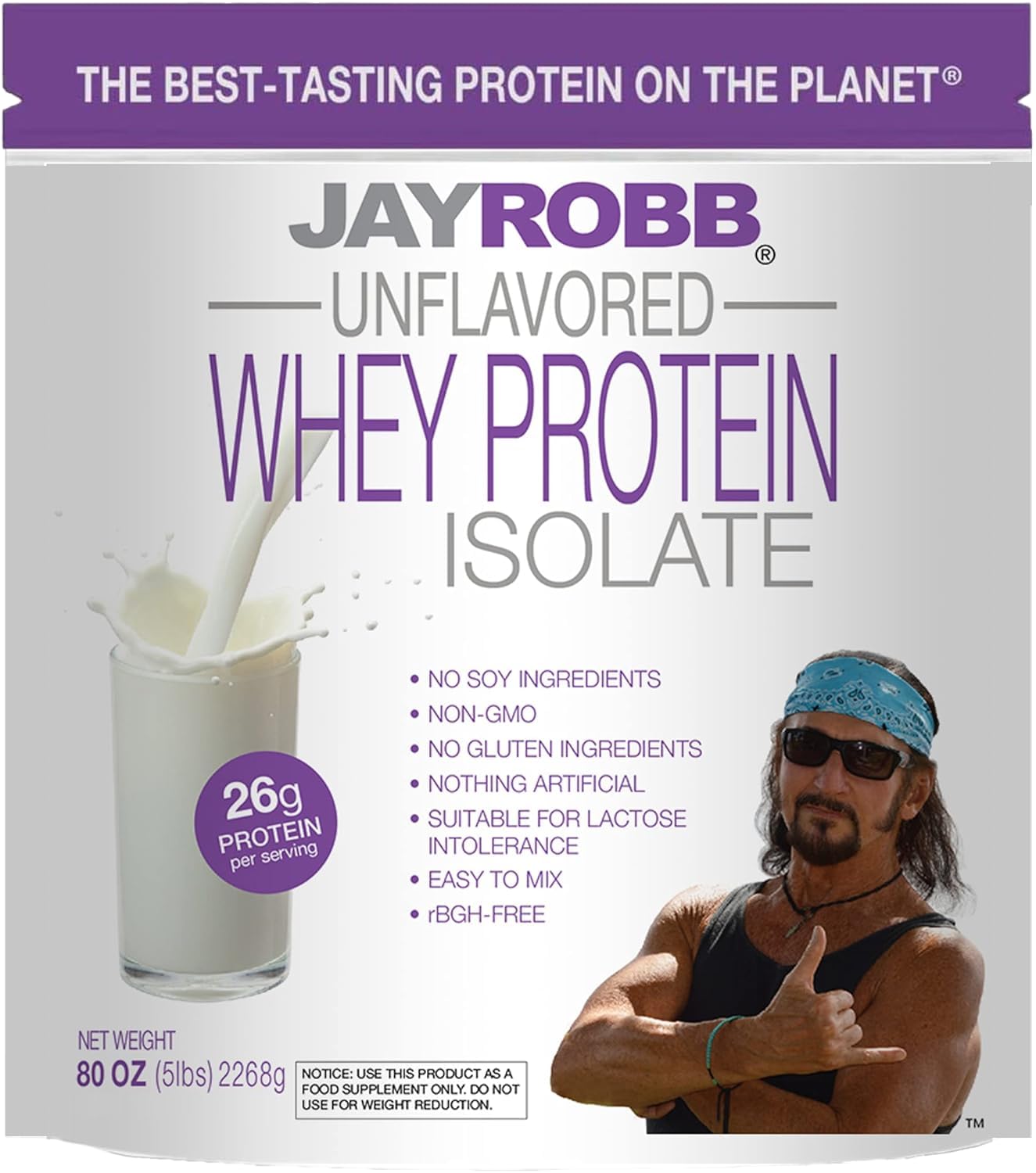 Jay Robb Whey Isolate unflavored 5 lb tub packaging highlights clean protein.