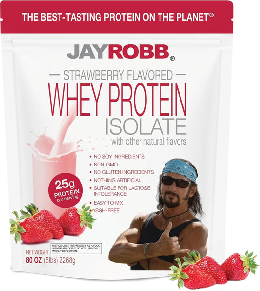 Jay Robb Whey Protein 5 lb strawberry tub front for a quick protein shake
