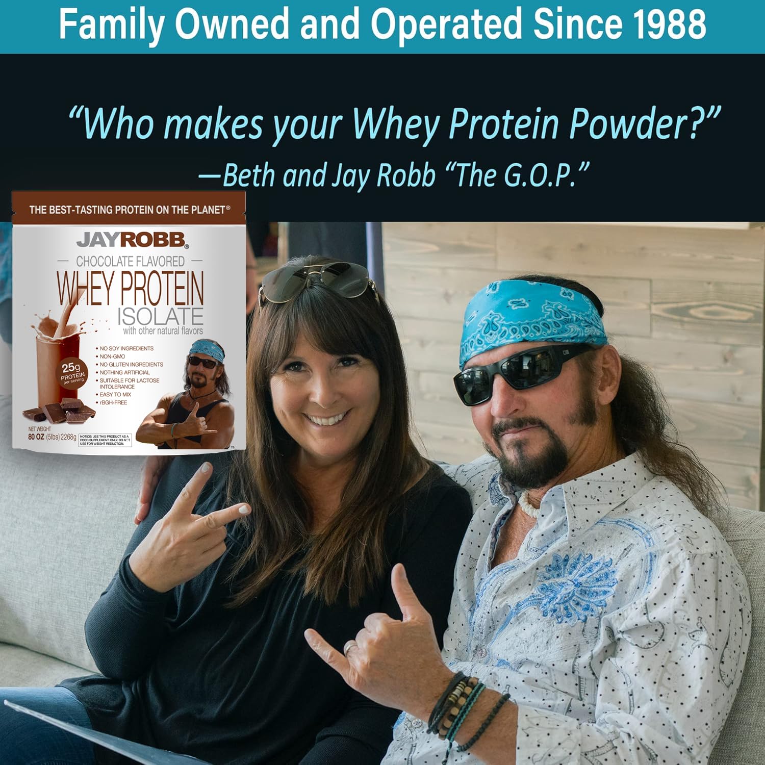 JayRobb Whey Protein nutrition panel, packaging highlights protein source.