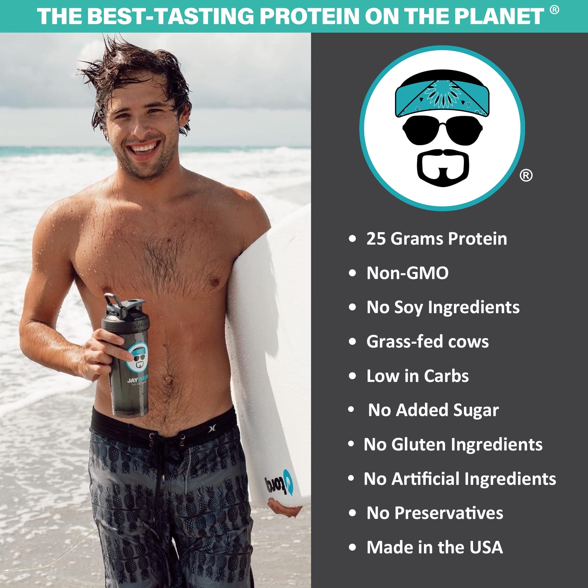 JAYROBB Whey Protein Vanilla scoop pouring into a glass for smoothies