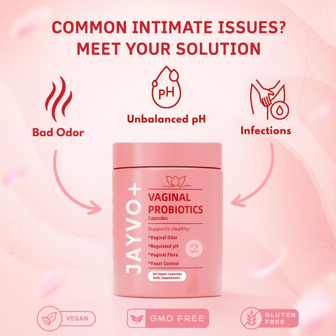 Jayvo vaginal probiotic back label highlights clinically studied ingredients for pH and odor management.