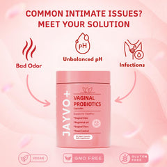 Jayvo vaginal probiotic back label highlights clinically studied ingredients for pH and odor management.